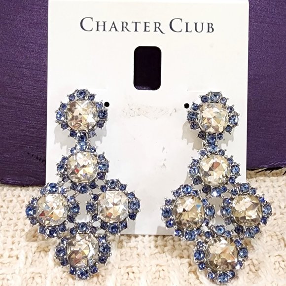Charter Club Jewelry - NWT Charter Club Blue White Dramatic Rhinestone Dangle Party Pierced Earrings